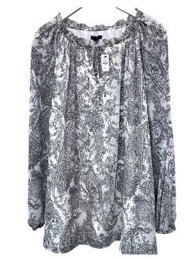 NEW Talbots Paisley Blouse Plus Size 2X White Black Chiffon Womens Peasant Top